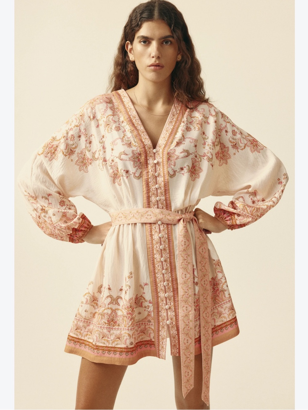 Commense Floral Embroidered Belted Mini Dress in Peach Small